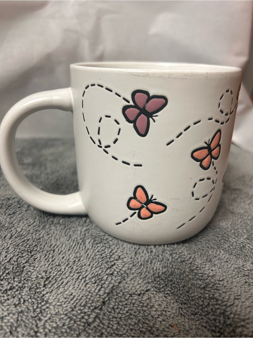White Butterfly Ceramic Mug - Pink & Orange Accent - Picture 2 of 8